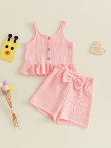 Toddler Girls Summer Outfits Solid Color Sleeveless U Neck Ruffled Button Tank Tops and Bow Shorts Set - Rosa - Ver 3