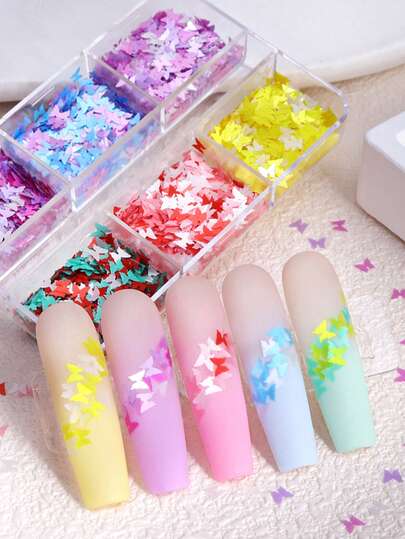 6格彩色蝴蝶亮片美甲装饰春季蝴蝶闪光美甲配件女士沙龙DIY美甲零件