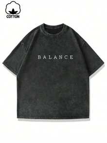 Plus Size Men's Summer BALANCE English Graphic Print Casual Washed Short Sleeve T-Shirt - Black - View 4