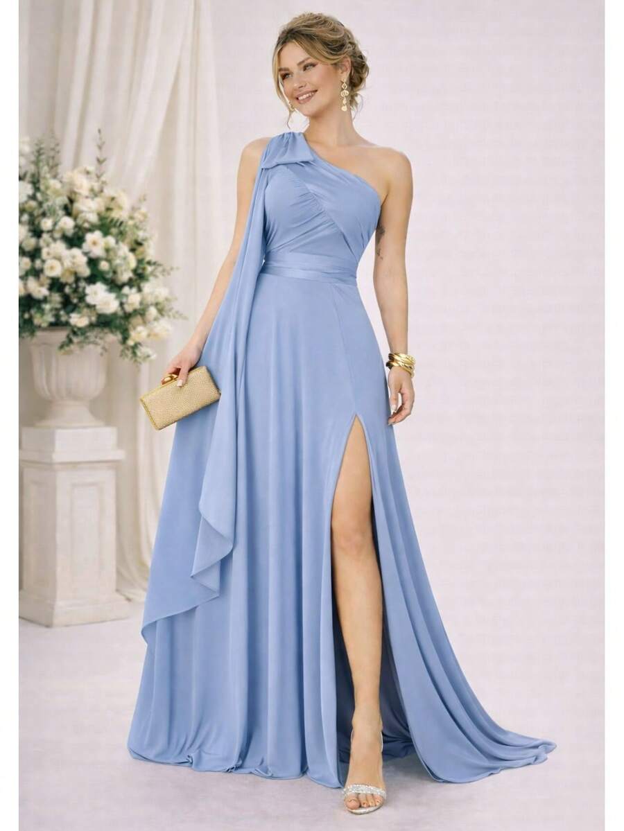 Bridesmaid Dress For Parties, Guests, Receptions, Graduations, Without Glitter, Cape Sleeves, In Flowy Fabric. - serenidad azul - Ver 1