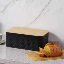 Reusable White/Black Metal Bread Box With Wooden Lid - Rectangular Kitchen Storage Container For Bread, Toast, Fruits And Vegetables - Multicolor - View 3