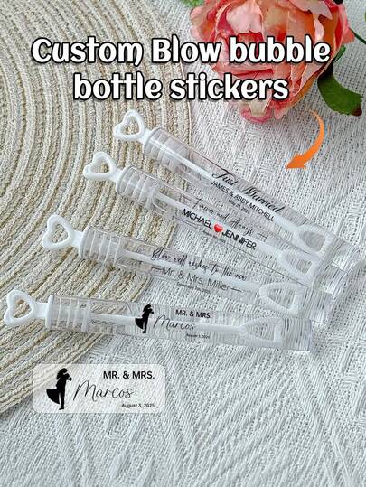 Etiquetas personalizadas para botellas de burbujas de boda - Etiquetas personalizadas de Sr. y Sra. para despedida de soltera, envío de boda, recuerdos de fiesta. Etiquetas personalizadas de burbujas de boda - Etiquetas personalizadas con nombre y fecha para varitas de burbujas, recuerdos de la fiesta nupcial, decoración de recién casados. Etiquetas personalizadas de recuerdos de boda para Sr. y Sra., fiesta de compromiso, decoraciones de envío de boda.