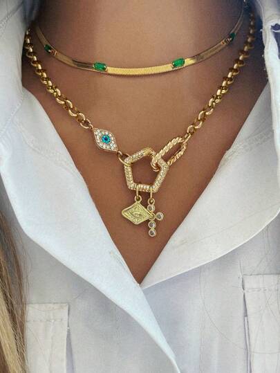 1 pieza Collar multielemental de oro para mujer, con ojo azul de zafiro, broche de diamantes de colores, broche retorcido, cruz y colgante decorativo. El Body de la cadena resalta una sensación de lujo vintage, interpretando la actitud de moda del misticismo y la modernidad.