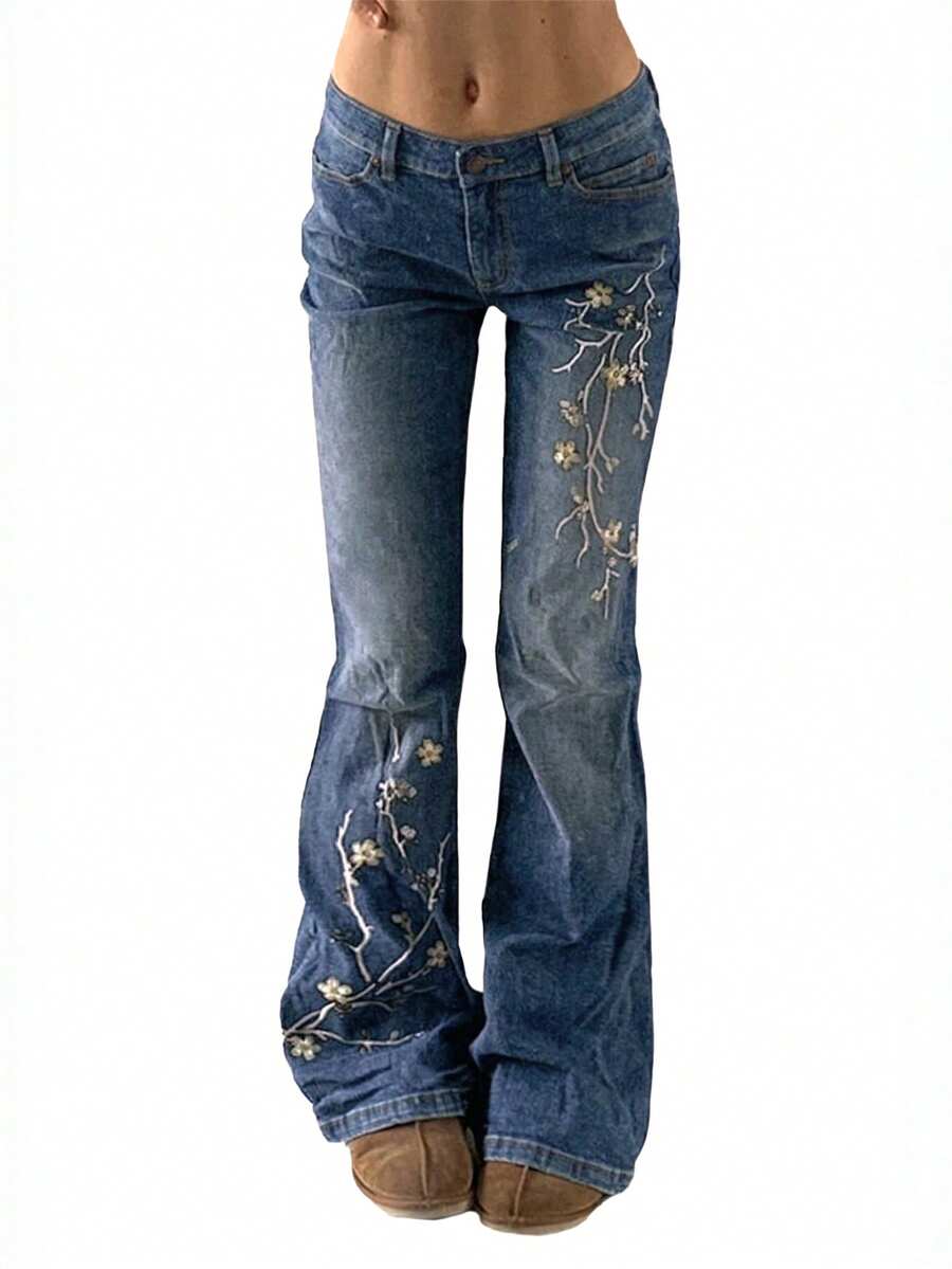 Women Bell Bottom Jeans Stretchy Flare Mid Rise Embroidery Vintage Denim Pants 90s Outfits Y2k Clothes - 藍色 - 查看 1