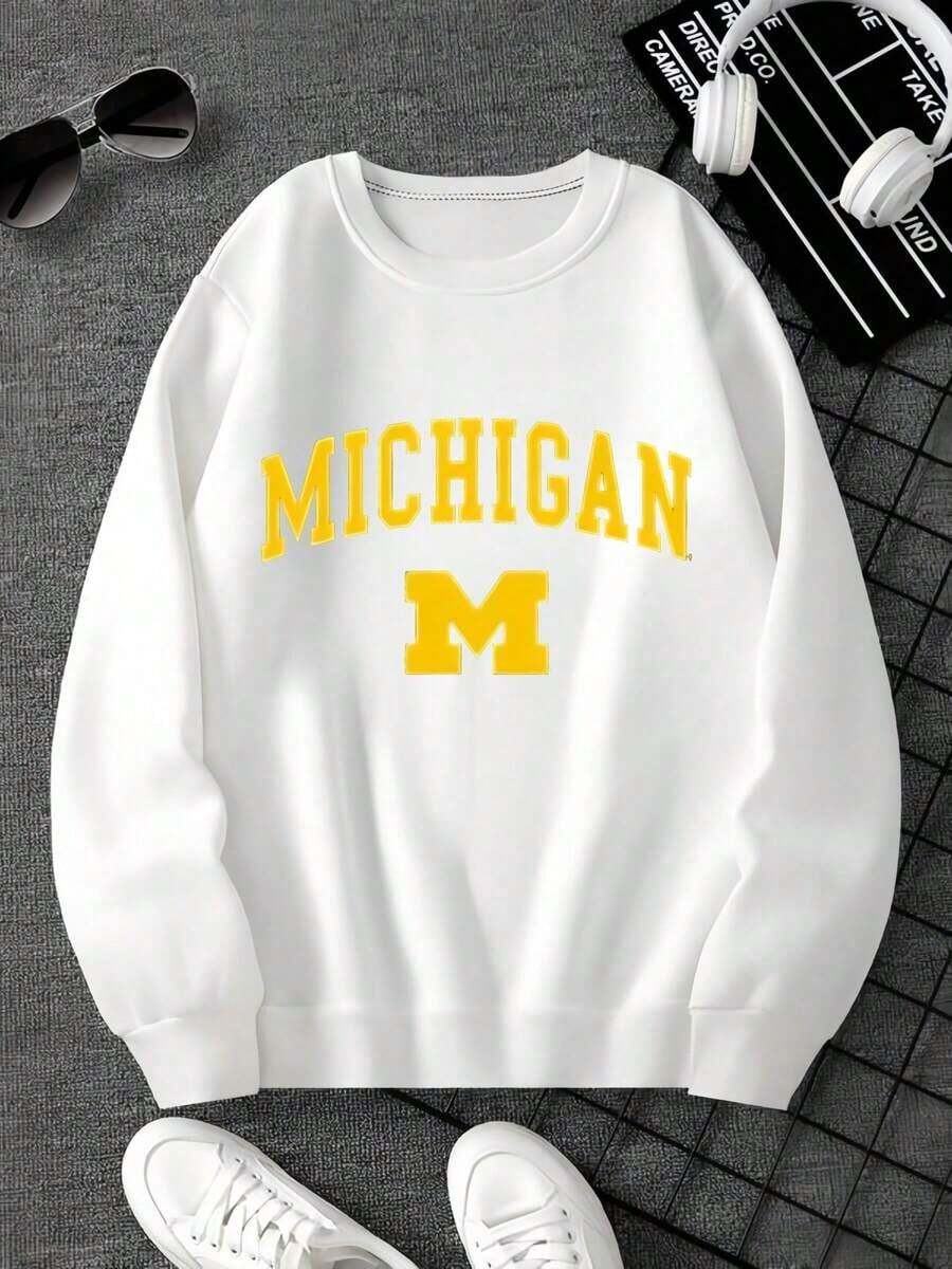 Michigan Letter Graphic Sweatshirt,Mens Winter Clothes,Crew Neck Long Sleeve T-Shirt ,Funny T Shirts,Streetwear,Graphic T Shirts,Y2K Clothes - 白色 - 查看 1