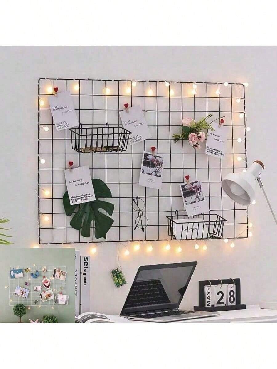 1pc Black/White Iron Wire Grid Wall Shelf With Ledge - Multi-Compartment Storage Rack For Home, Office, Dorm Decor - Space-Saving Photo, Plant & Accessory Display Board, Dorm Decor, Classic Design, Sturdy Structure, Hanging Shelf