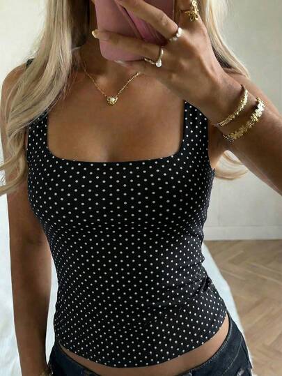 Y2K Style Black Polka Dot Print Knit Tank Top, Sleeveless TopSuitable For Beach, Commute And Streetwear Casual Summer