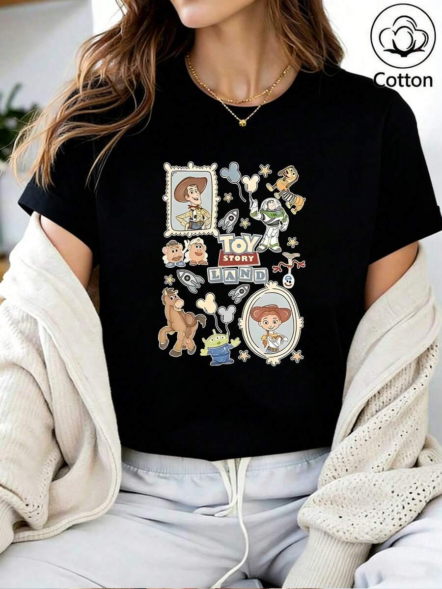 Disney Loose Fit Toy Story Land Character Collage Printed T-Shirt, Suitable For Summer And Spring, Short Sleeved Tops, Women's Clothing, Holiday Gift Party Costumes. - 黑色 - 查看 1