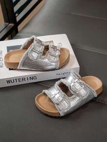 1 Pair Girls' Soft Sole Non-Slip Hook And Loop Strap Sandals, Fashionable Flat Open Toe Comfortable Versatile Outdoor Slippers, Suitable For Summer - Silver - View 7