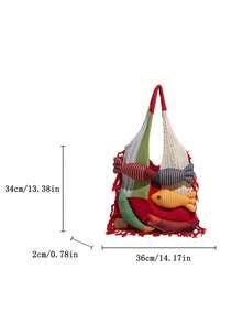 1pc Colorblock Fish Design Large Capacity Shoulder Tote Bag, Crochet Bohemian Style Beach Vacation Everyday Bag For Women - Red - View 3