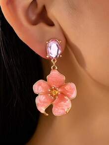 两件套时尚精致轻盈奢华粉色花朵耳坠，水晶花朵吊坠耳环，适合日常佩戴或作为节日礼物 - 彩色 - 查看 5