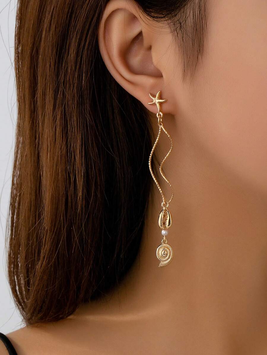 1 Đôi bông tai dáng dài hình vỏ sò và sao biển mạ vàng thanh lịch, trang sức phong cách Bohemian chủ đề biển mùa hè. - Vàng - Xem 1