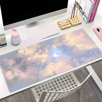 梦幻粉彩月空桌面垫，时尚设计加长鼠标垫，适用于办公和游戏，美观的桌面保护垫，可水洗橡胶垫，防滑锁边，多尺寸鼠标垫，适合家庭办公室使用，是馈赠亲朋好友的好礼物