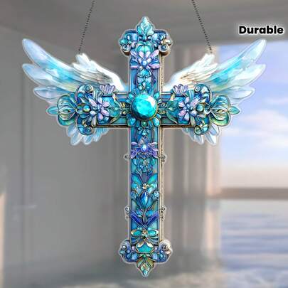 2D Flat Plane Angel Wings Cross Shaped Suncatcher, 2D Flat Acrylic Colorful Glass Style Window Decor, Ideal Home And Garden Holiday Hanging Ornament, Suitable As Easter Gift