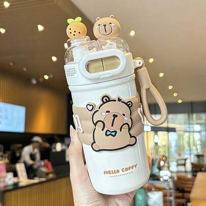 Cute Capybara Insulated Kids Water Bottle, 17oz 316 Stainless Steel Leak Proof 2-In-1 Dual Lid Straw Cup With Portable Handle, Cartoon Tumbler For Toddlers Boys Girls School Travel Outdoor Use