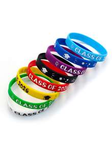 8pcs Class Of 2026 Silicone Bracelets – Reusable Graduation Wristbands With Fun Designs (Stars, Diploma, Cap & More) Glow At Night For Events, Parties, And Team Supplies – White/Red/Black/Multicolor Options - View 2