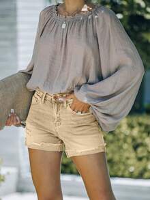 Women's Summer Solid Color Ripped Pocket Button Denim Shorts Casual - Earthy Yellow - View 4