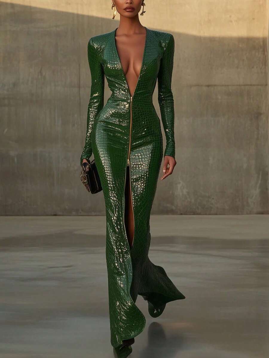 GLOURI Elegant Green Crocodile Pattern Maxi Dress With Deep V Neck Long Sleeves And Double Zipper Split For Party Wear - 綠色 - 查看 1