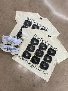 Everything Will Triumph "Jesus Grid Pattern T-Shirt - Retro Religious Y2k Street Wear Pure Cotton Top, Casual And Comfortable Machine Washable, Local Warehouse, Suitable For Back To School, Street, Outdoor Sports Wear - 白色 - 查看 2