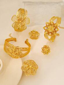 两件套奢华金色花卉首饰套装，3D镂空花朵设计手链和戒指配饰，适合女性、新娘和派对佩戴 - 金黃色 - 查看 1
