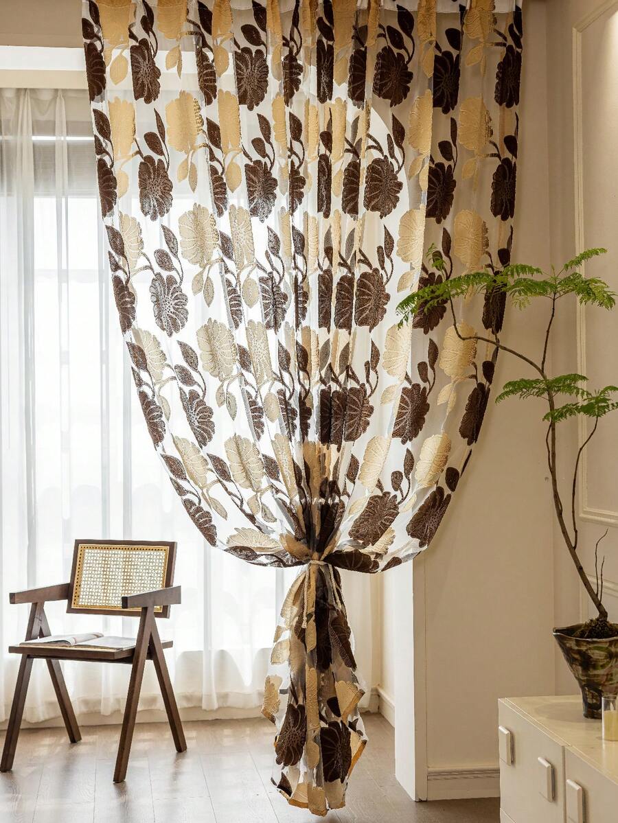 1 pièce Rideau transparent à découpe de feuille, rideau voile semi-transparent léger gris/blanc/kaki/rouge, convient pour le salon, la chambre à coucher, la décoration de la maison - Multicolore - Voir 1
