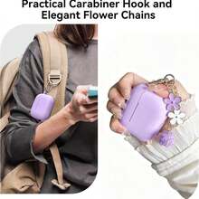 1 Set Apple Protective Case, Silicone Solid Color Integrated Earphone Cover With Flower Hanging Chain, Carabiner And Cleaning Brush, Suitable As Gift - Màu tím - Xem 3