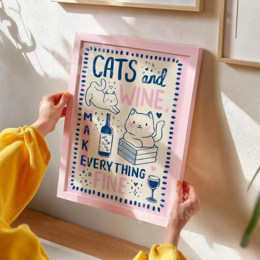 "1pc Cat And Wine Art Print: A Fun Kitchen Poster, A Gift For Cat Lovers"