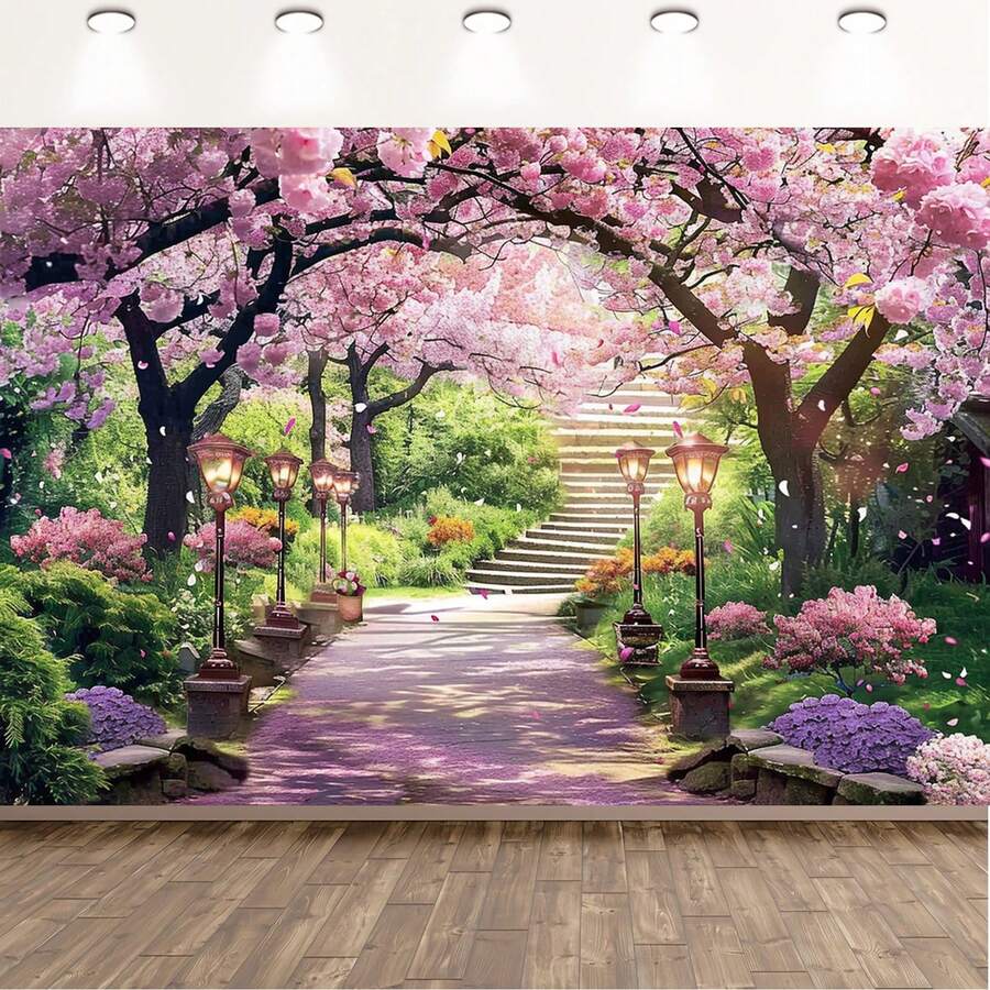1pc Spring Flower & Cherry Blossom Backdrop, For Wedding, Bridal Shower, Anniversary, Party Decoration - 3 - View 1