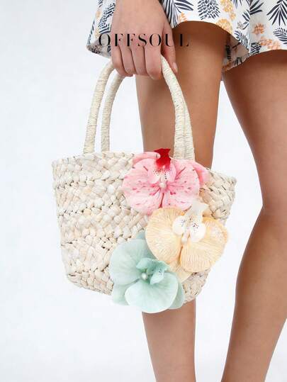 Bolso de paja con decoración de orquídea de mariposa, nuevo estilo de resort de playa, cesta tejida de vacaciones con estilo de playa, bolso de playa personalizado con flores dulces para mujeres