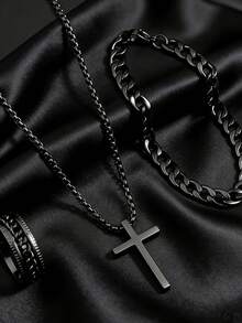 Set de 3 piezas de collar, anillo y pulsera para hombres, collar con colgante de cruz giratoria de acero inoxidable para alivio del estrés, adecuado para uso diario de hombres - Cruz - Ver 7