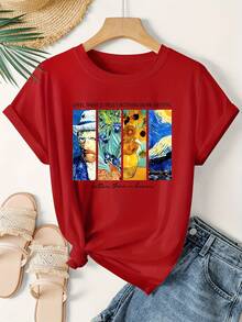 An Elegant Women'S T-Shirt Featuring A One-Piece Van Gogh Oil Painting Design, With English Letter Slogans And Impressionist Prints, Perfect For Spring And Summer Sports Vacations. This Casual And Stylish Vintage Top Is Loose-Fitting And Flattering  Oversized Graphic Tee,Ladies Cute Egg Graphic Casual Crew Neck Tee,Women's Y2K Aesthetic Print Short Sleeve Top - 紅色 - 查看 7