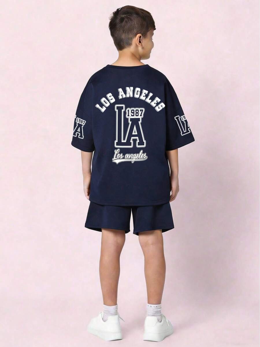 男童字母印花T恤和短裤休闲套装 - 寶藍色 - 查看 1