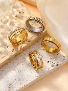 4pcs Elegant 18K Gold Roman Letter Hollow Cubic Zirconia Rings, Suitable For Daily Wear, Engagement, Wedding Jewelry Gift - Gold - View 5