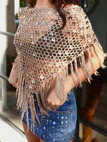 Women Sequin Tassel Hem Boho Crochet Shiny Cover Up Shawl, Suitable For Spring/Summer, Beach, Pool Party, Music Festival Vacation - Khaki - View 8