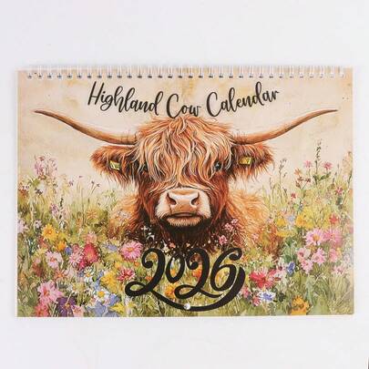 1pc 2026 Highland Cow Calendar, 2026 Highland Cow Wall Calendar, Watercolor Cow Monthly Planner, Christmas And New Year Gift