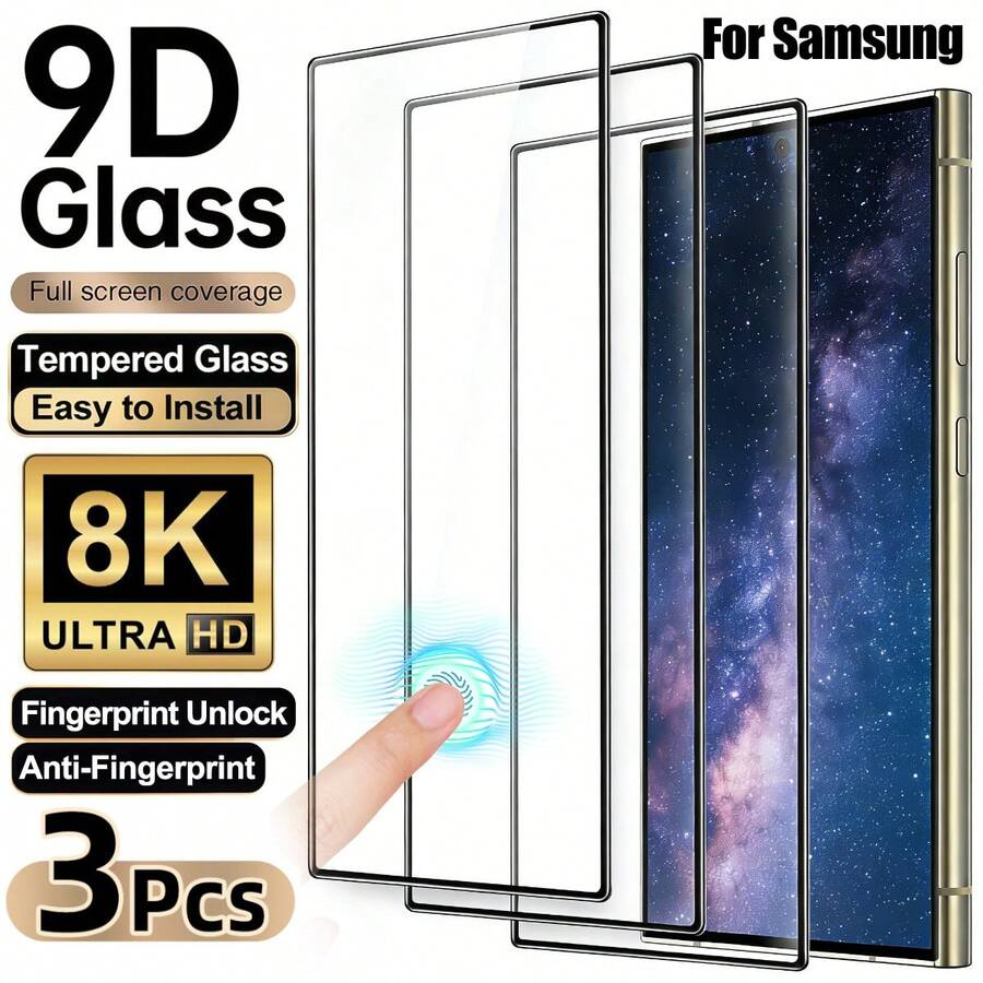 三星 Galaxy S26 Ultra 6.9 英寸超清防震钢化玻璃屏幕保护膜三片装，采用 9H+ 硬度钢化玻璃制成。适用于 Galaxy S26 Ultra/S26+/S26、S25 Ultra/S25+/S25/S25 Edge、S24/S23/S22/S21/Galaxy FE 系列。支持指纹解锁，防指纹，防刮花，易于安装，防碎边，触感顺滑，防污渍，显示清晰，全覆盖。适合作为生日、家人、朋友礼物、复活节礼物等。