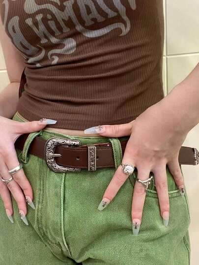 1pc Women's Vintage Brown Engraved Buckle Belt, Fashion Accessory For Daily Wear