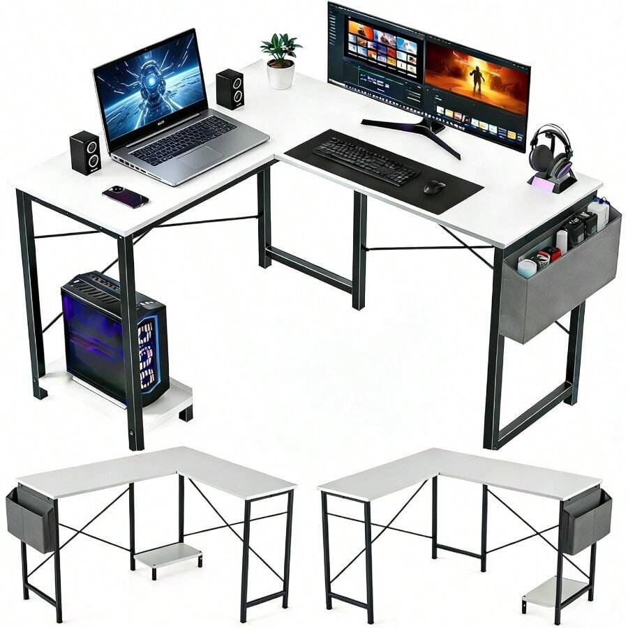 L-Shaped Home Office Computer Desk, Gaming Desk With CPU Stand Shelf And Hanging Storage Pocket, Corner Student Study Writing Table, Sturdy Metal Frame, 43.3" D X 50" W, Classic White - 經典白 - 查看 1
