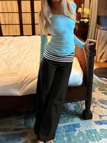 Women's Y2K Striped Wide-Leg Pants - Fold-Over Waist Casual Lounge Trousers - Retro Sweet Streetwear Pants - 黑色 - 查看 3