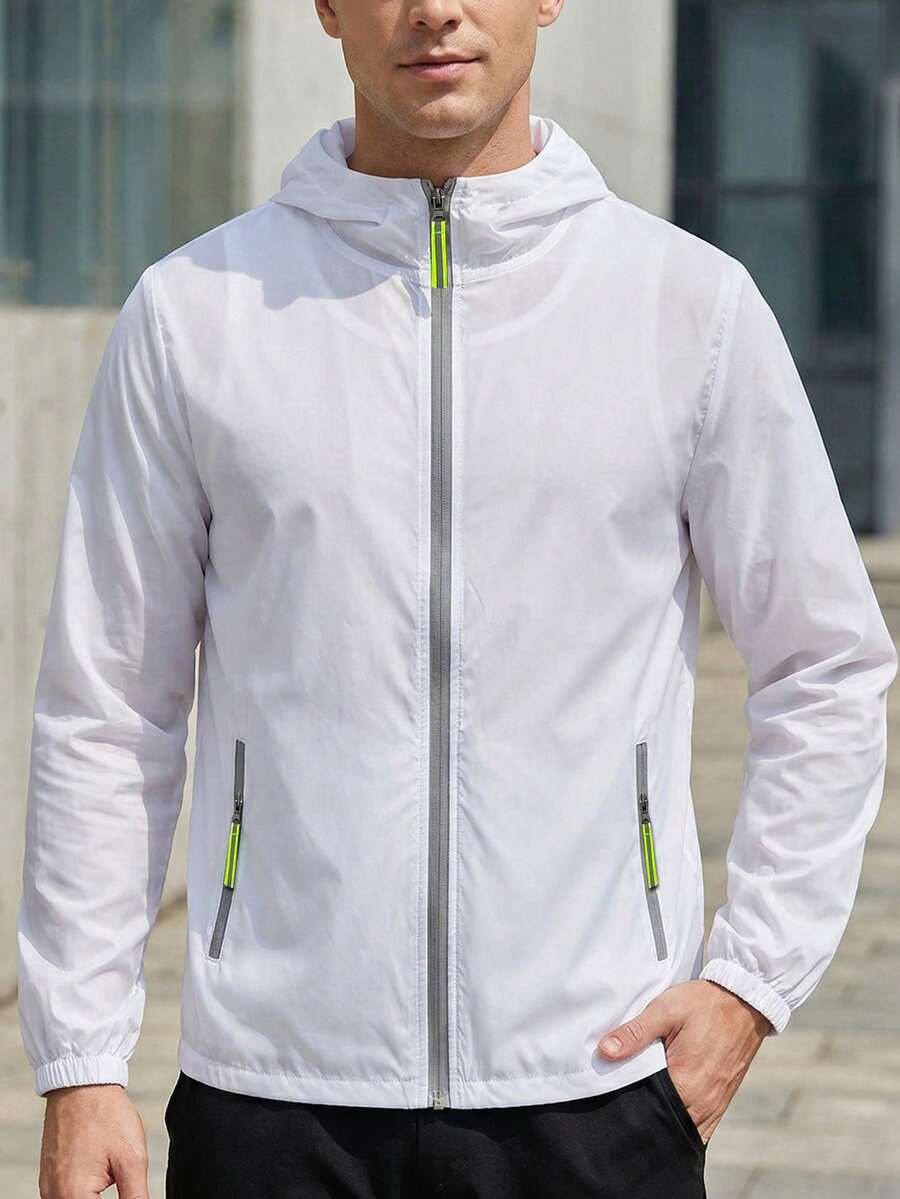 Men's Summer Lightweight Jacket With Reflective Zipper - Breathable Hooded Sun Protection Sportswear For Outdoor Activities - White - View 1