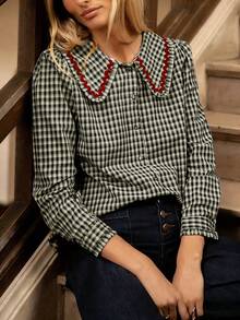 Camisa de manga larga con botones, cuello y ribete de contraste a cuadros, para primavera - Cuadros blancos y negros - Ver 4