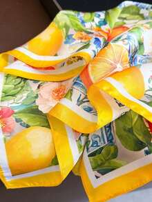 1pc Women's Elegant Vintage Fashion Lemon Tree Printed Thin Style Satin Square Faux Silk Scarf,Boho Vintage Casual Women's Neck Scarf,Shawl,Light And Thin Comfortable Women's Bandana,For Daily Wear And Outing In Spring And Summer - 黃色 - 查看 4