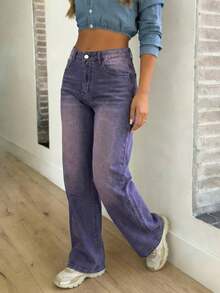 Women's Casual Washed Straight-Leg Jeans - Purple - View 5