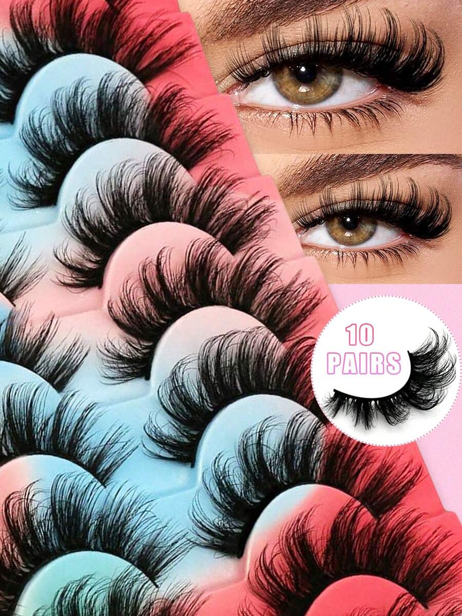 10对卡通风格仿貂毛猫眼假睫毛，自然浓密，旅行必备化妆工具，条状假睫毛 - 黑色 - 查看 1