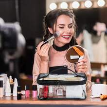 In Stock Transparent Zipper Makeup Bag, Waterproof Handheld Cosmetic Bag For Travel, Business, Bathroom Use, Unisex - Black - View 4