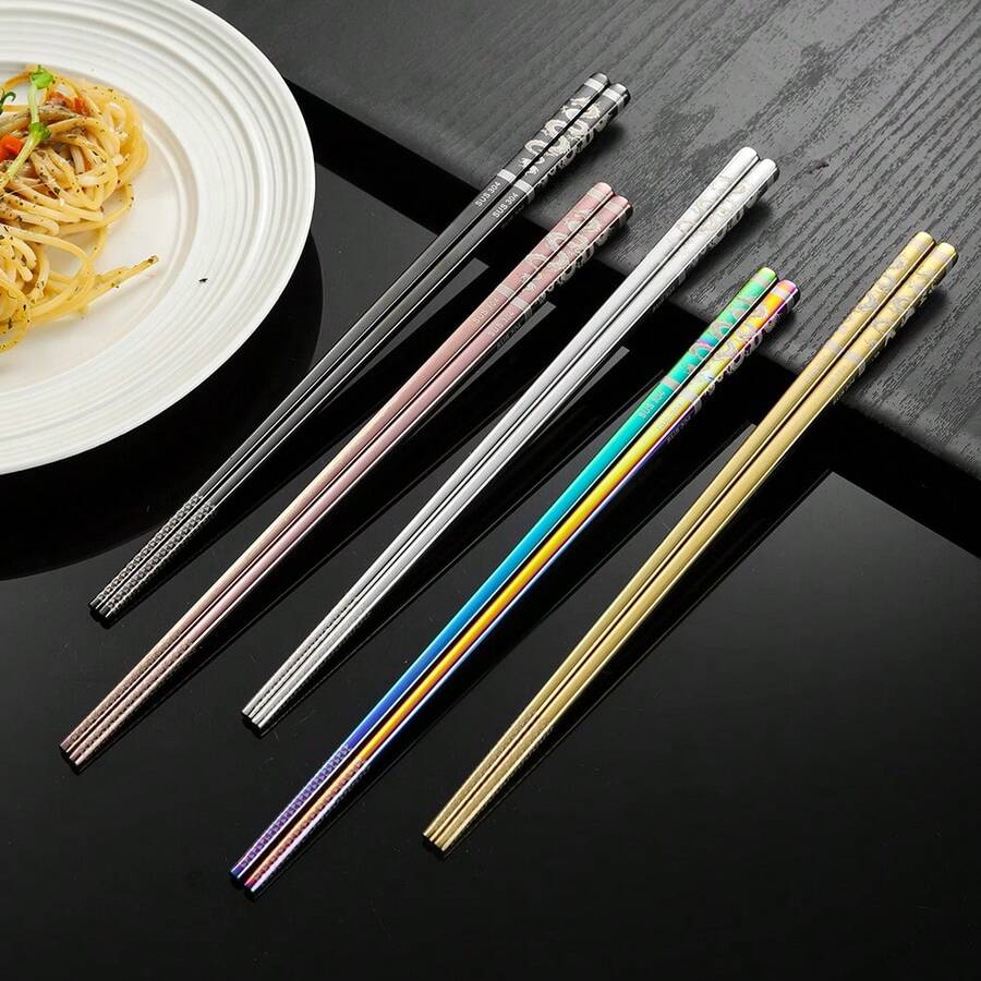 1/5/10双装304不锈钢筷子，激光雕刻龙纹，防滑加长款，可重复使用，适用于家庭/办公室/露营 - 查看 1