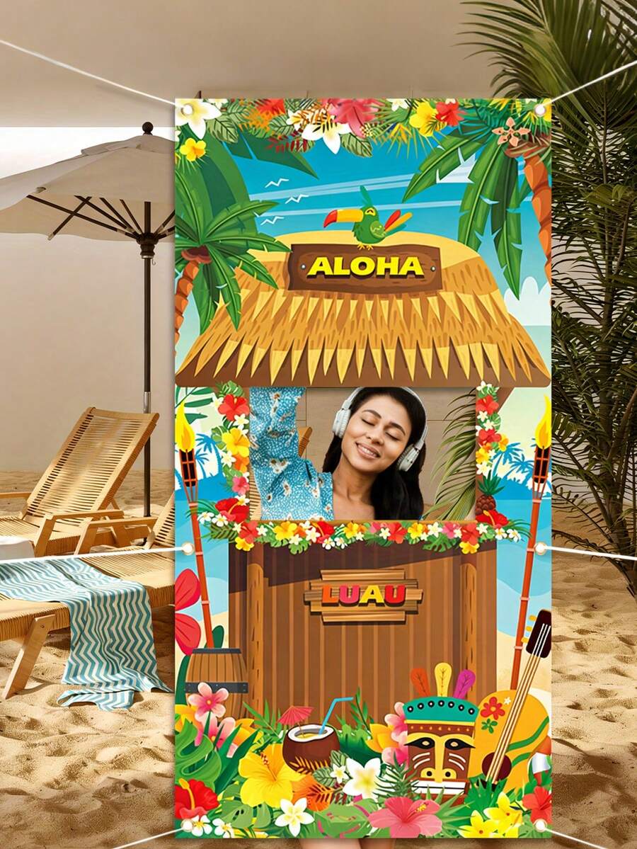Fundal foto pentru petrecere hawaiană 180*90cm - Design vibrant de plajă tropicală cu elemente de totem, Aloha și ananas, ideal pentru sărbători tropicale, petreceri tematice Luau și evenimente de vară, Decor tematic hawaian | Decor tematic tropical | Decor tematic Luau, Decorațiune petrecere Luau - Pânză de fundal - Vizualizare 1