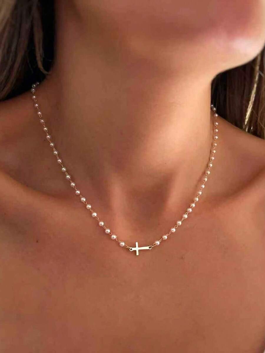 1 Pc Delicate Cross Pendant Necklace, Choker With Mini Faux Pearl Beads & Cross Pendant – Elegant Everyday Jewelry For Casual, Or Gift Giving - Cross Pearl Necklace - View 1