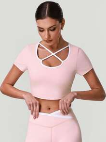 Women's Summer Color Block Low-Neck Crossover Straps Short-Sleeve Crop Top T-Shirt With Chest Pads For Yoga Pilates Fitness Running Sports - Pink - View 8