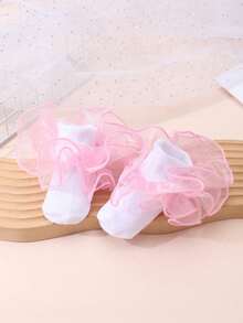 1 đôi tất dài đến bắp chân, màu trơn, có viền bèo nhún, thích hợp cho trẻ em/trẻ nhỏ mặc cùng đồng phục học sinh. - Hồng - Xem 6